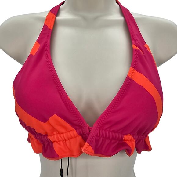 Sanctuary Swim Womans size S Triangle Bikini Top Stripe Pink & Orange Halter NEW - Picture 1 of 6